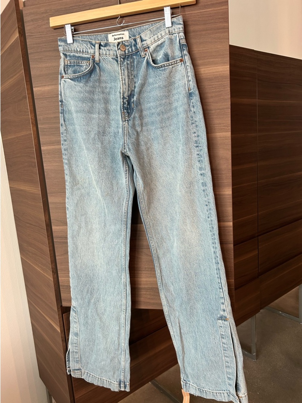 Reformation wilder side slit hem, high rise wide leg jeans